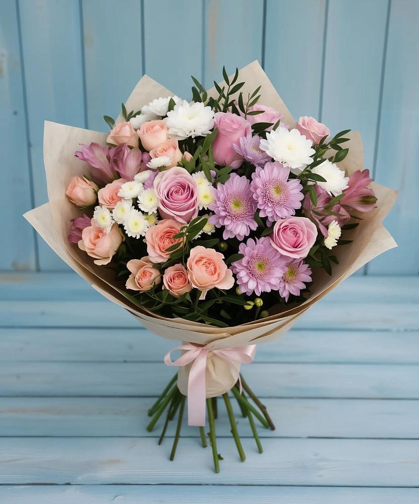 Букет цветов из: Хризантемы, Розы и Альстромерии в Мамхегском