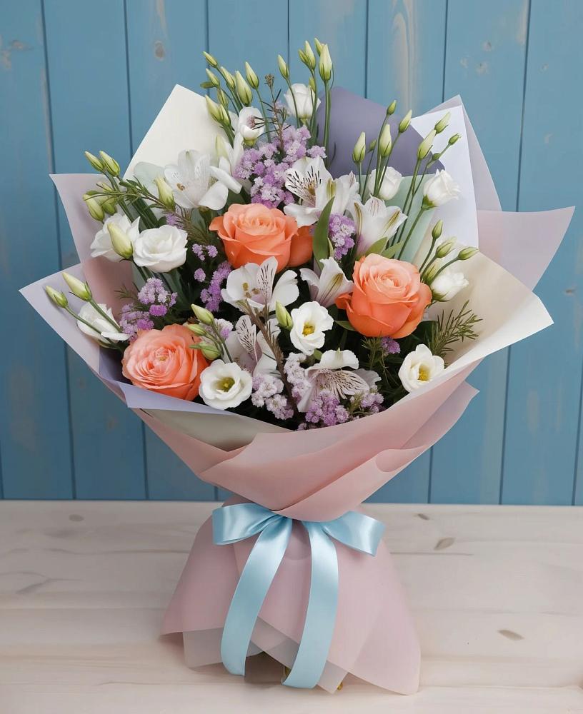 Букет цветов из: Лизиантусы, Розы, Альстромерии и Гипсофила в Мамхегском